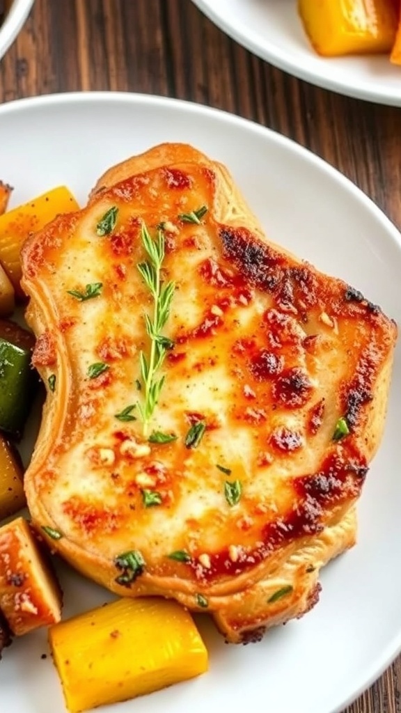 A golden brown air fryer pork chop on a plate, garnished with herbs and served with vegetables.